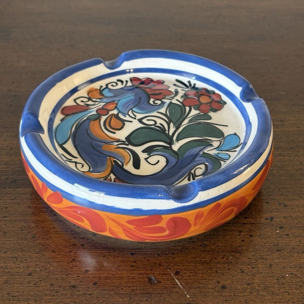 Vintage Talavera Hand Painted Round Ashtray 4.5” Blue Red Orange Ceramic